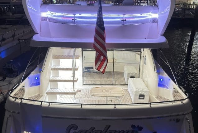 Catalaya 55ft Fairline boarding area with steps leading to upper deck