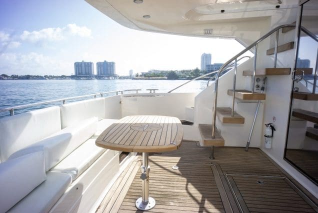 Catalaya 55ft Fairline boarding area with steps leading to upper deck