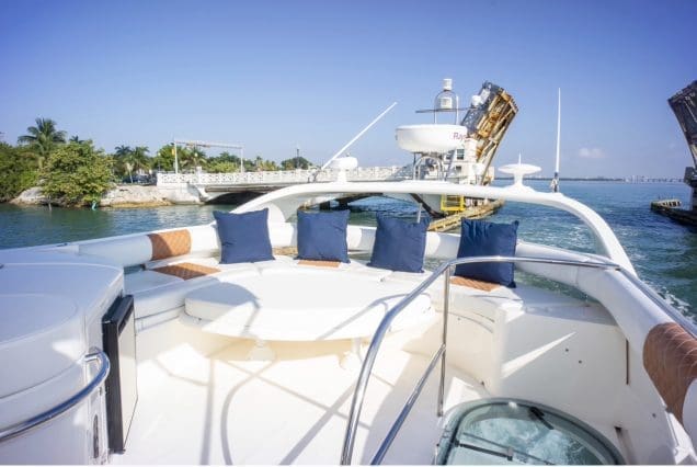 Catalaya 55ft Fairline upper deck seating area with table for drinks and dining