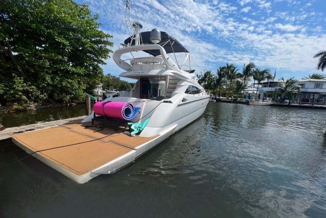 Warrior 65ft Aicon Miami large swim platform with seamless water access with floating mat