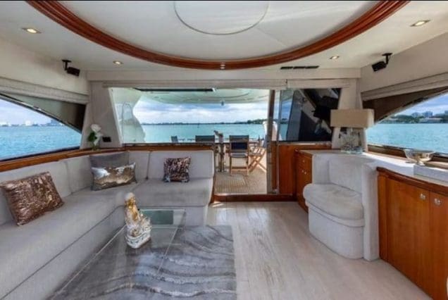 75ft Ferretti Miami sophisticated indoor salon with plush seating