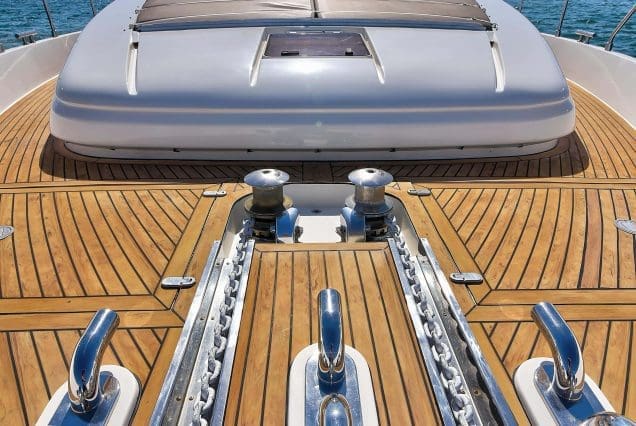 75ft Ferretti Miami bow lounge area with scenic waterfront views