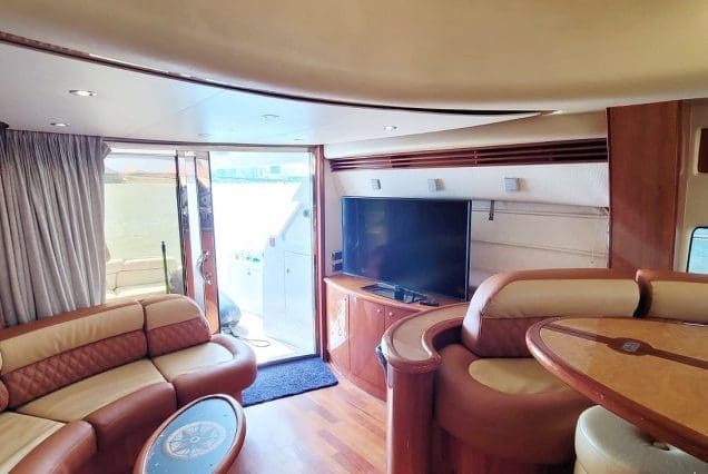 Warrior 65ft Aicon Miami sophisticated indoor salon with plush seating