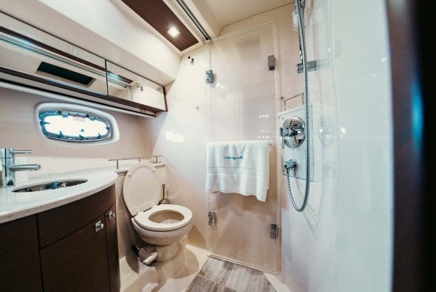 SAIL LA VIE 50ft Sea Ray Miami clean and modern washroom with essential amenities