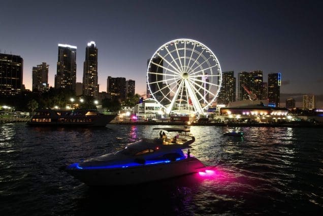 Warrior 65ft Aicon Miami luxury yacht available for charter with night view
