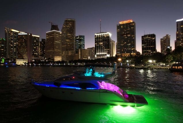 Warrior 65ft Aicon Miami luxury yacht available for charter with night view