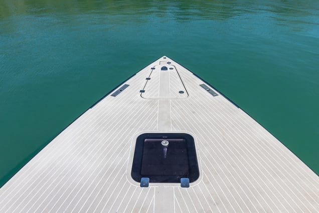Luxury 40ft Van Dutch Miami forward lounge area with panoramic waterfront views