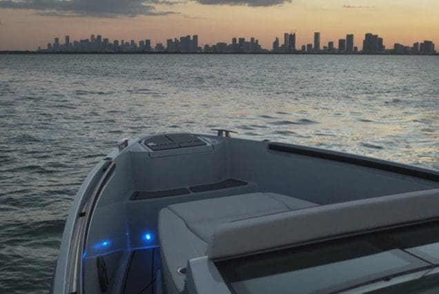 Luxury SAXDOR 320 GTO Model 2024 Miami spacious bow sun lounge with stunning ocean views