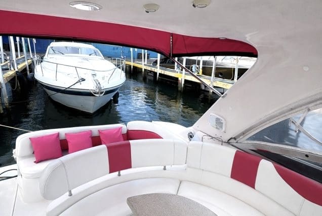 45ft Diamond Pink Miami stylish flybridge lounge perfect for entertaining and social cruising