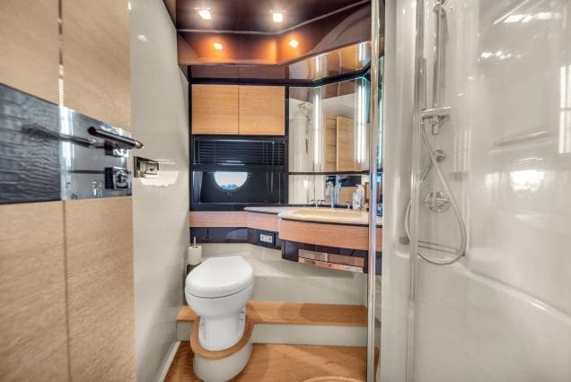 Luxury 70ft Azimut Miami luxury washroom with upscale fittings and elegant styling