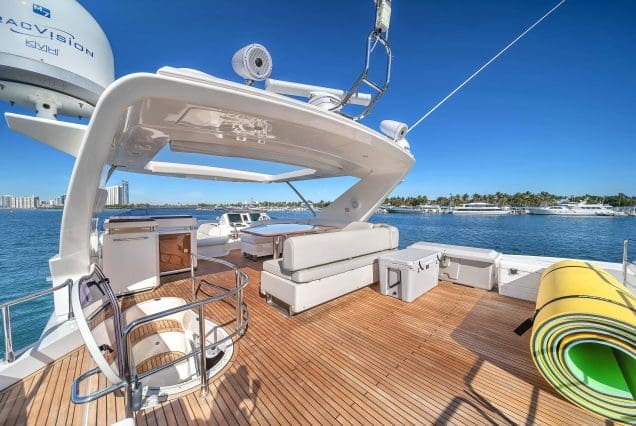 Luxury 70ft Azimut Miami elevated lounge offering panoramic views of Biscayne Bay and the Miami skyline