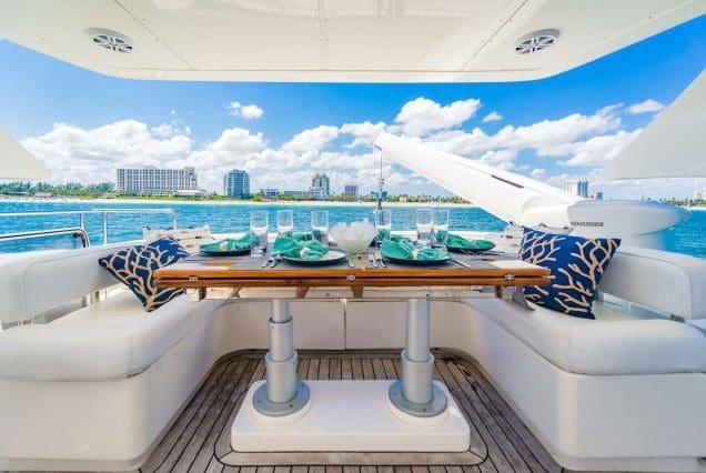 80FT Aicon THERAPY Miami upper deck seating with table for cocktails and waterfront dining