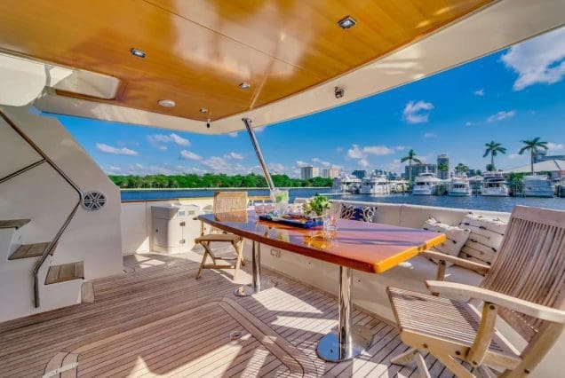 80FT Aicon THERAPY Miami grand boarding entrance with easy access to all deck areas with large seating table area