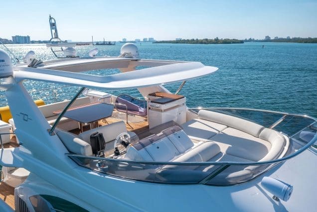 Luxury 70ft Azimut Miami expansive flybridge lounge perfect for entertaining and social cruising