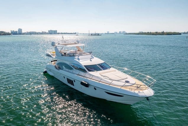Luxury 70ft Azimut Miami bow lounge area with breathtaking waterfront and skyline views