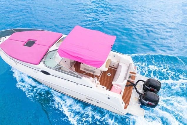 28FT PINK RINKER Miami stylish pink boat available for fun and affordable charter experiences