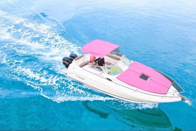 28FT PINK RINKER Miami stylish pink boat available for fun and affordable charter experiences