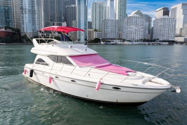 50ft Hello Kitty Pink Yacht Miami spacious sunbed area perfect for relaxing, sunbathing, and capturing memorable photos