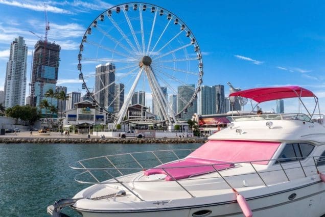 50ft Hello Kitty Pink Yacht Miami bow lounge area with breathtaking waterfront and skyline views