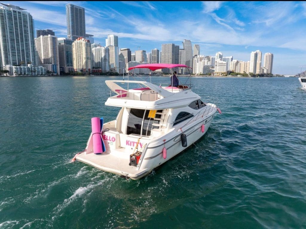 50ft Hello Kitty Pink Yacht Miami spacious swim platform with easy access to the water