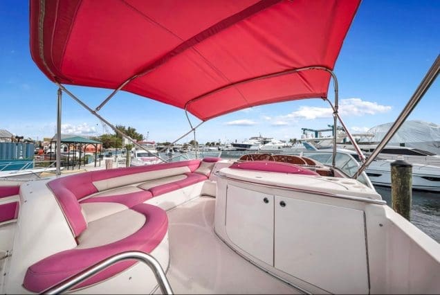 50ft Hello Kitty Pink Yacht Miami upper deck designed for open-air relaxation and picture-perfect moments