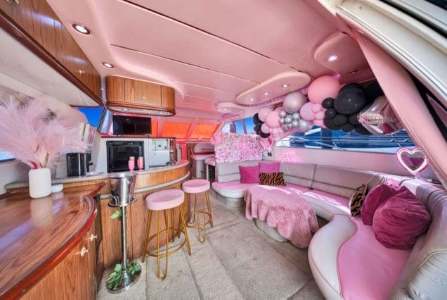 50ft Hello Kitty Pink Yacht Miami elegant dining area perfect for birthdays, bachelorette parties, and private gatherings