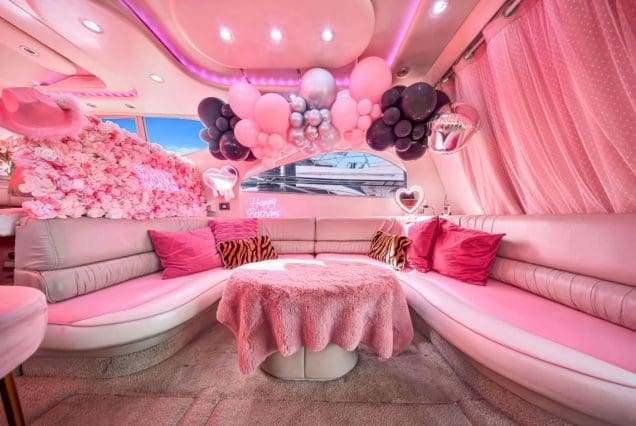 50ft Hello Kitty Pink Yacht Miami elegant dining area perfect for birthdays, bachelorette parties, and private gatherings