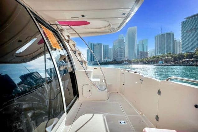 50ft Hello Kitty Pink Yacht Miami welcoming boarding area with easy access to all deck spaces.