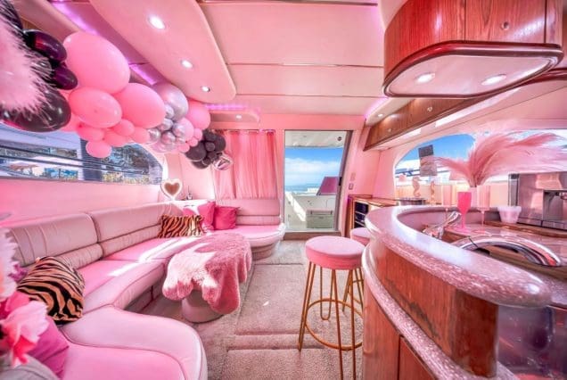 50ft Hello Kitty Pink Yacht Miami elegant dining area perfect for birthdays, bachelorette parties, and private gatherings