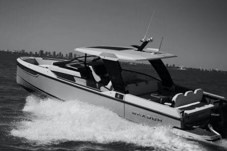 Luxury SAXDOR 320 GTO Model 2024 Miami swim platform with easy access to the water